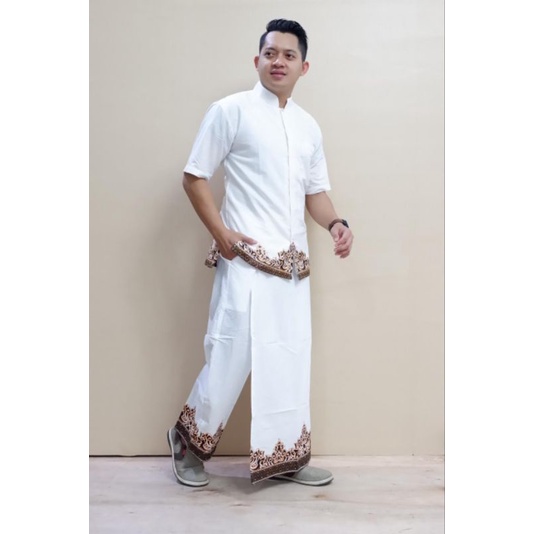 Fashion Muslim Baju Koko Setelan Sarung Celana Pria Dewasa Kombinasi Kemeja Batik Lengan Panjang Pen