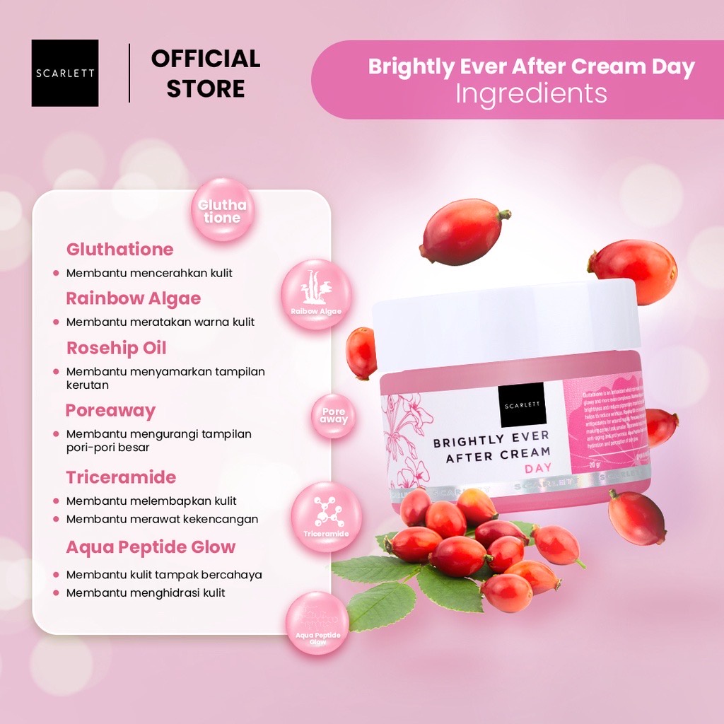 SCARLETT Whitening Brightly Series Indonesia / Brightening Ever After Skincare Mencerahkan Face Care / Cleanser Facial Wash Essence Toner Serum Day Night Eye Cream Moisturizer Sunscreen Mask / Body Shower Scrub Lotion Hair / Paket Acne Age Delay Set Wajah