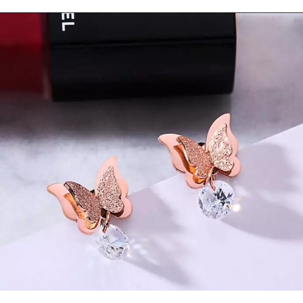 Anting Tusuk Titanium Kupu-Kupu Diamond Gantung Tersedia Warna Rosegold, Gold dan Silver