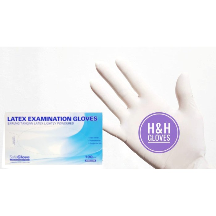 Sarung tangan karet safe glove latex powder / hand gloves latex / Sarung Tangan kesehatan /handscoon medis / sarung tangan latex safe glove / Sarung tangan safeglove /sarung tangan karet box /sarung tangan karet medis /sarung tangan glove karet 100 murah