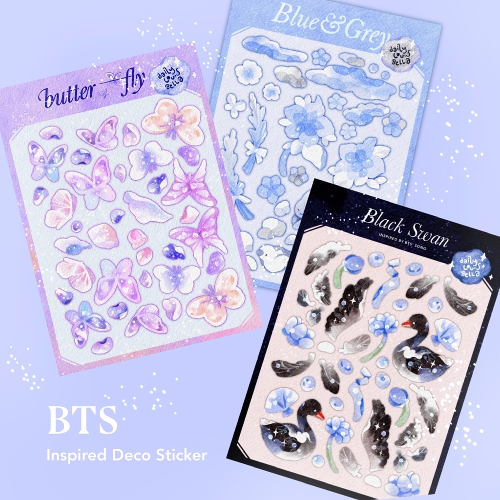 

B T S Inspired Glitter Deco Sticker: Black Swan, Butterfly and Blue&Grey