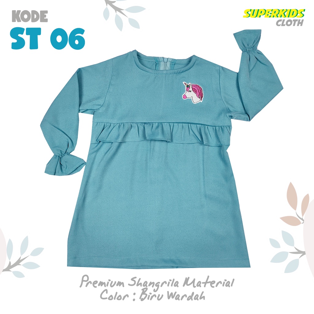 Setelan Baju Muslim Anak Perempuan Tunik Set Gamis Anak Perempuan Dress Anak SuperkidsCloth Biru Wardah Unicorn 1 - 10 Tahun