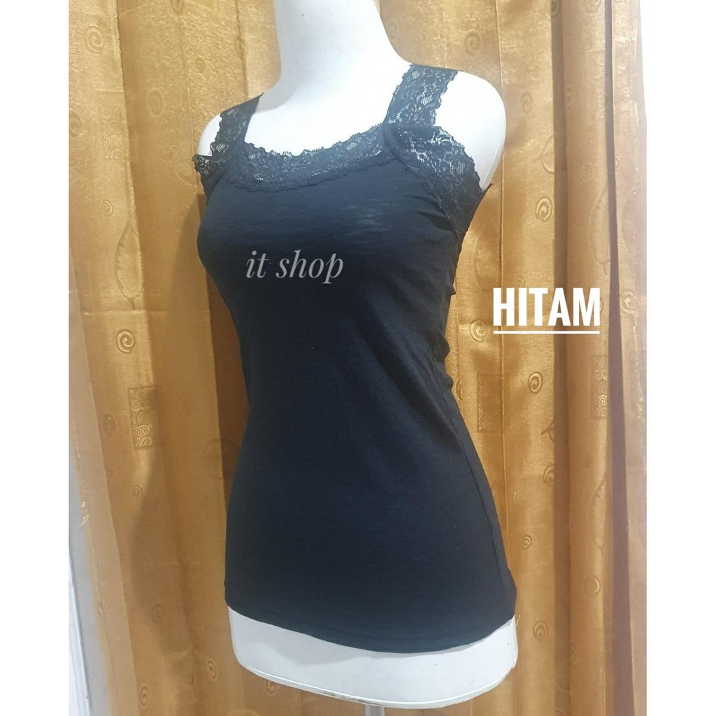 Termurah Tanktop Renda Wanita Harga Murah All Size Tengtop Cewek Camisol Tali Renda Tentop Dalaman-Hitam Standar