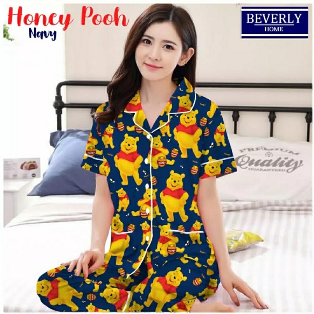 JNV Piyama CP Wanita Motif Karakter Kartun 04 - Baju Tidur Lengan Pendek - Bahan Katun-Pooh Honey Navy
