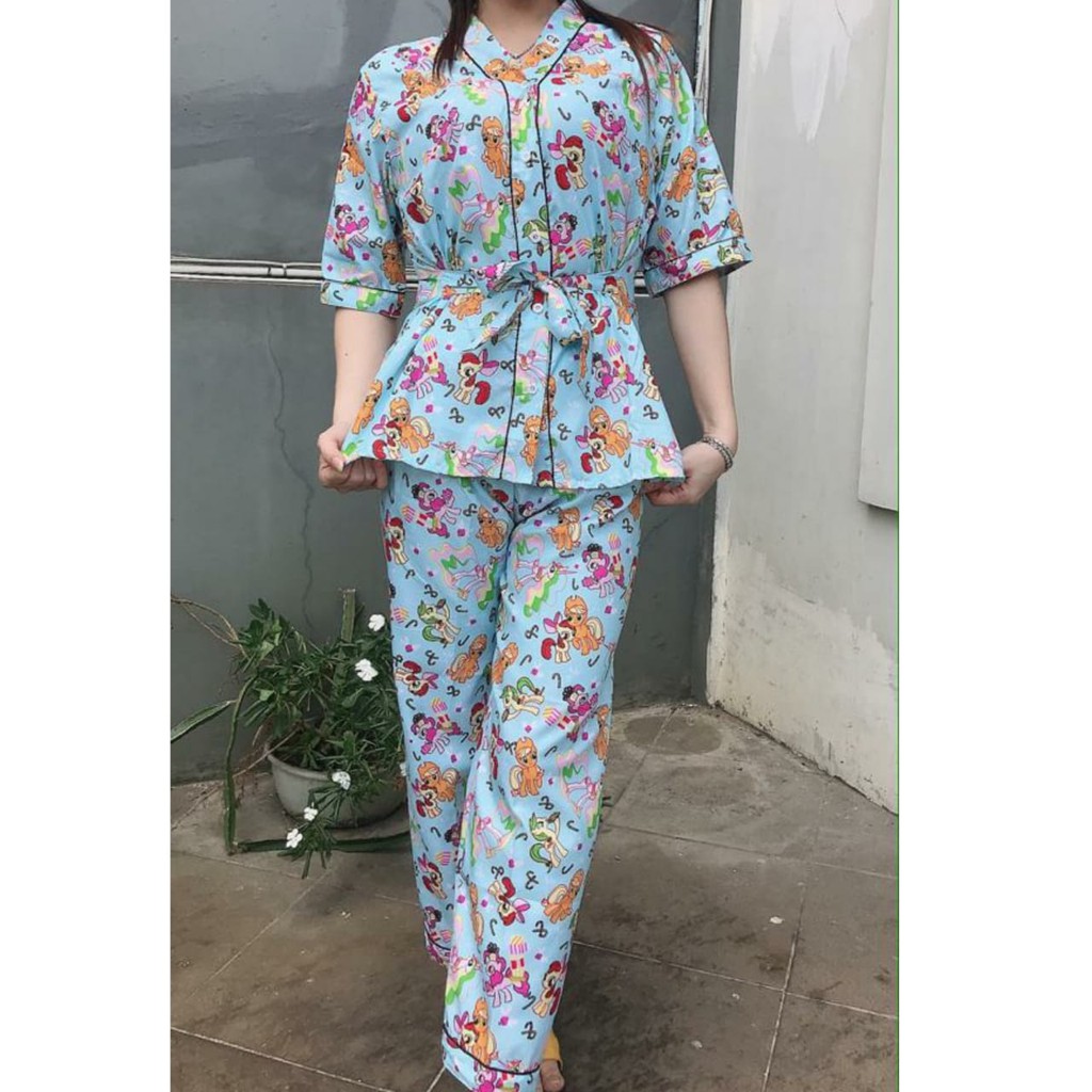 JNV Setelan Kimono CP Wanita Motif Karakter Kartun - Baju Tidur Kimono Lengan Pendek - Bahan Katun-Pony Gift Tosca