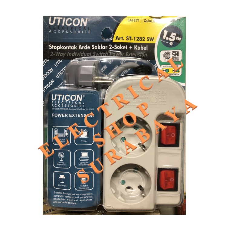 UTICON STOP KONTAK ARDE CP 2 LUBANG ST-1282SW + SAKLAR KABEL 1.5M (GROSIR) ST 1282 SW 1,5M 2P LOBANG