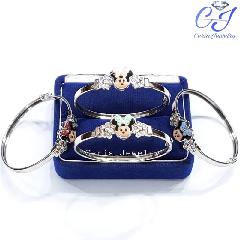 Gelang Perak Anak Asli Silver 925 Lapis Emas Model Bangle Minckey - perhiasan perak anak