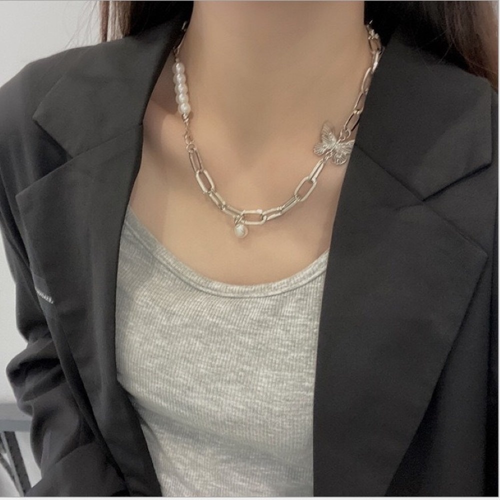 Butterfly Pearl Necklaces Pendant Necklace Hip Hop Metal Thick Clavicle Chain Women Ladies