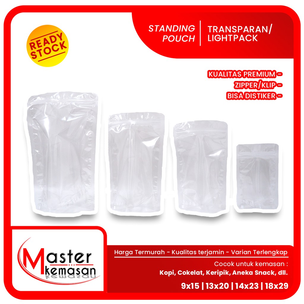 (1 PACK ISI 10 PCS) Standing Pouch Transparan Lightpack 9X15 13X20 14X23 18X29 Kpack Plastik Klip Ju