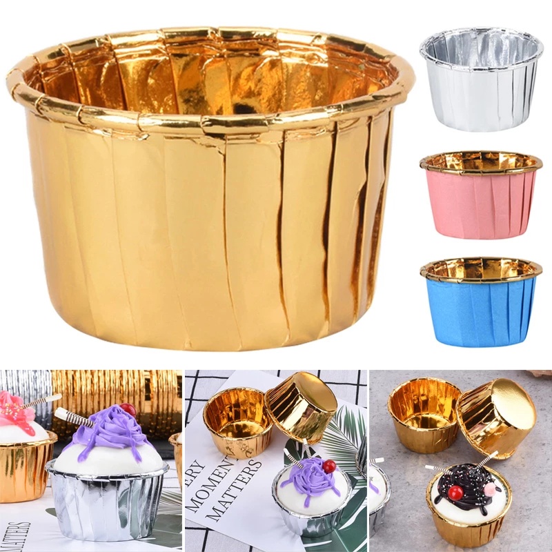 50 Pcs Kertas Cupcake Bahan Aluminum Foil Untuk Dekorasi Pesta Ulang Tahun / Pernikahan
