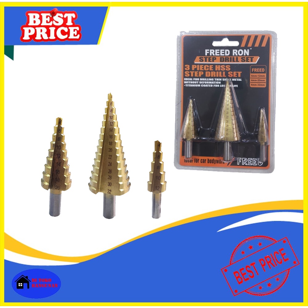 Mata Bor Besi Kuningan Pagoda Set 3 Pcs Kayu Plastik Step Drill