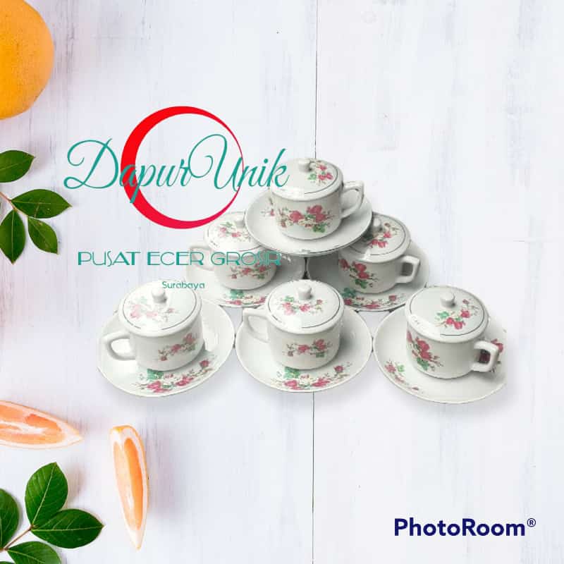 DAPUR UNIK CANGKIR SET TUTUP KERAMIK MOTIF BUNGA /CANGKIR JADUL/ CANGKIR KOPI