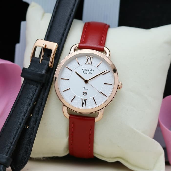 Jam Tangan Wanita Alexandre Christie AC 2674 Rosegold Merah Original