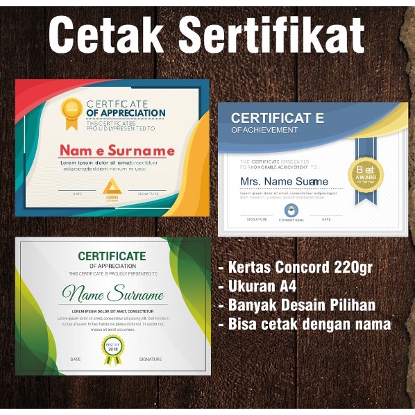 

cetak custom sertifikat / sertifikat penghargaan /piagam