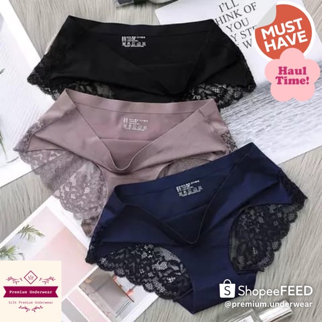 BEST SELLING 3pcs Ladies Satin Ice Silk Briefs Underwear Women Seamless Lace Panties Package (3pcs)