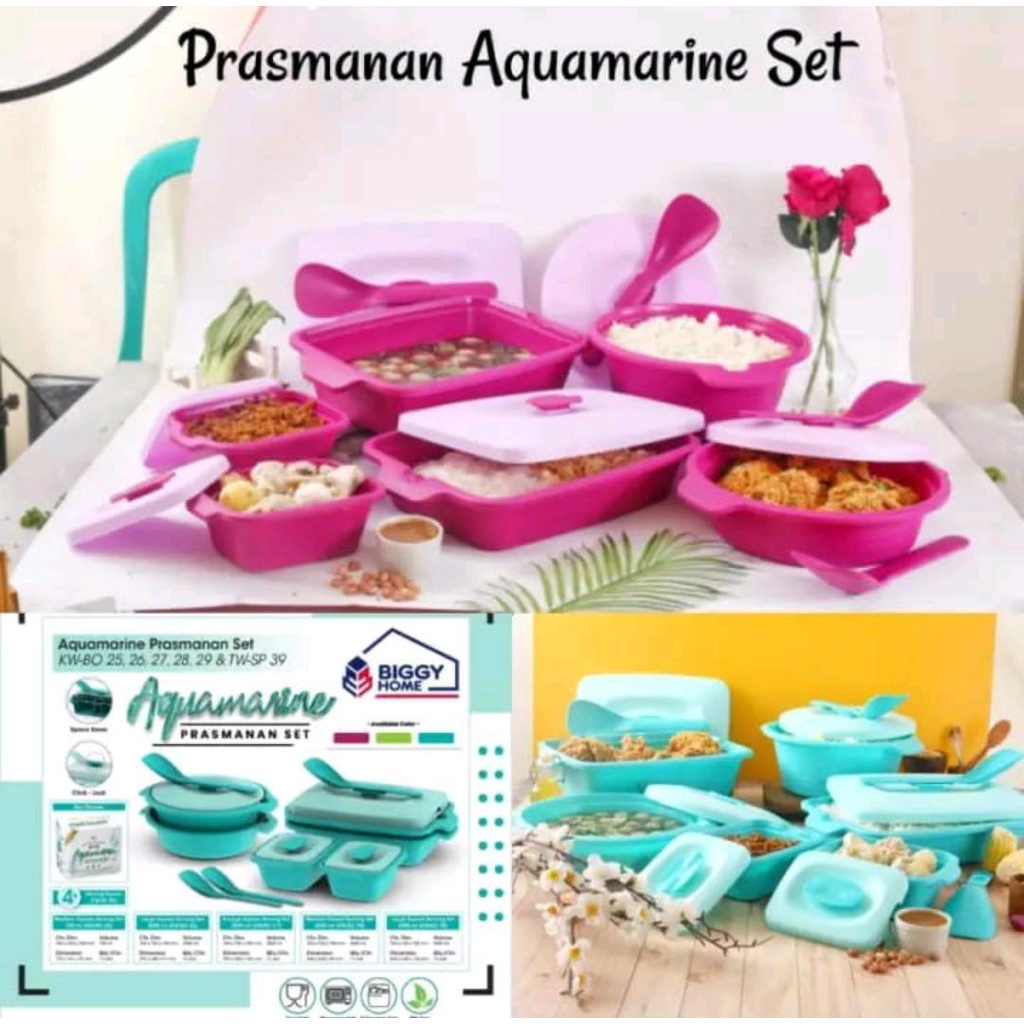 Aqua Marine Set Prasmanan / Prasmanan Set Plastik / Tempat Kotak Piknik Biggy Isi 6 Set