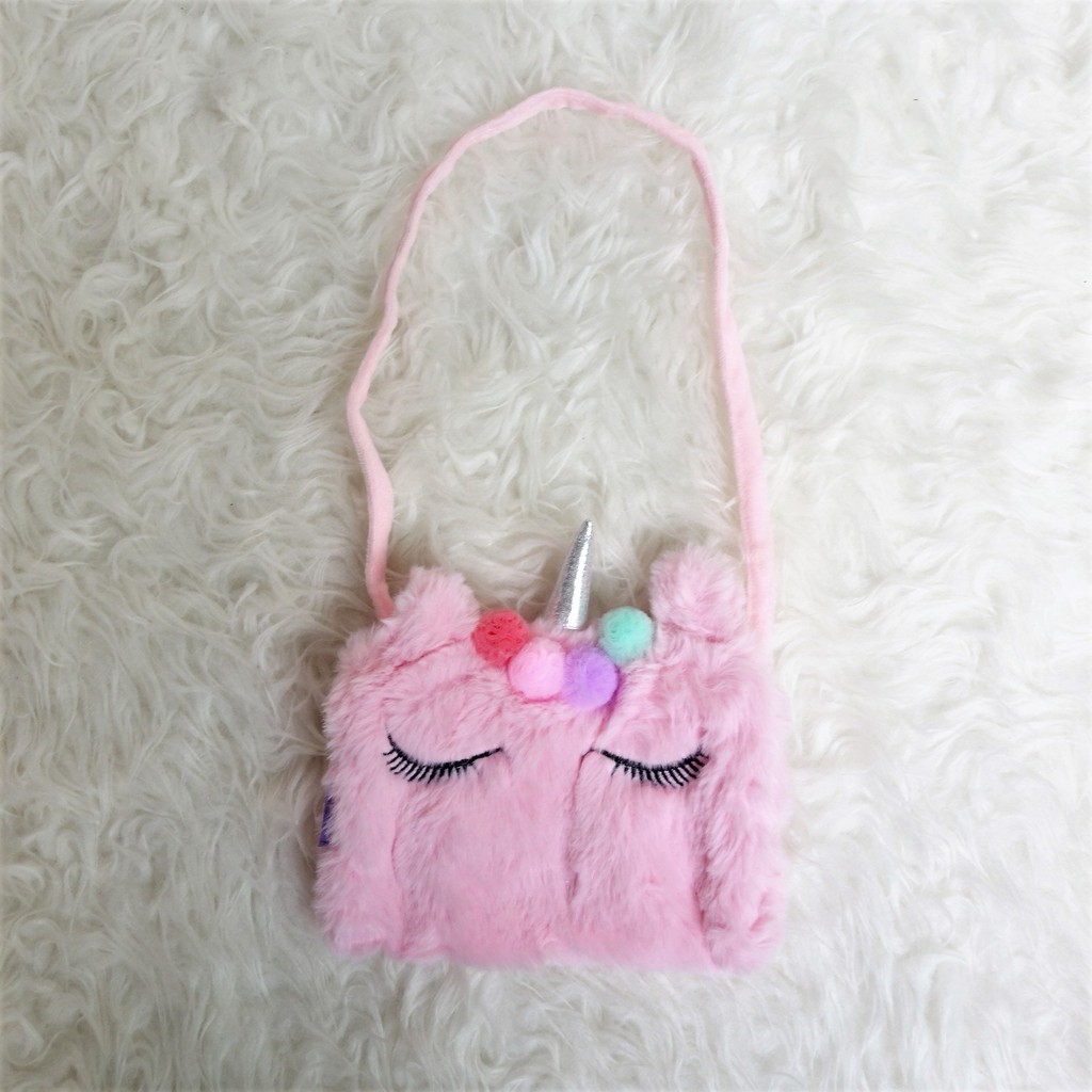 Skoola Tas Anak Perempuan PAUD Remaja Selempang Unicorn Rainbow Lucu Bulu Kids Sling Bag - Furi