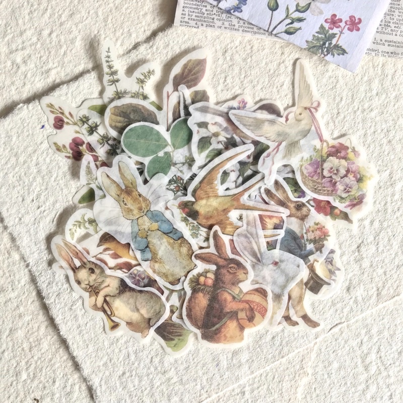 

VINTAGE BUNNY, BIRD, AND PLANT WASHI STICKERS UNTUK JOURNAL/SCRAPBOOK