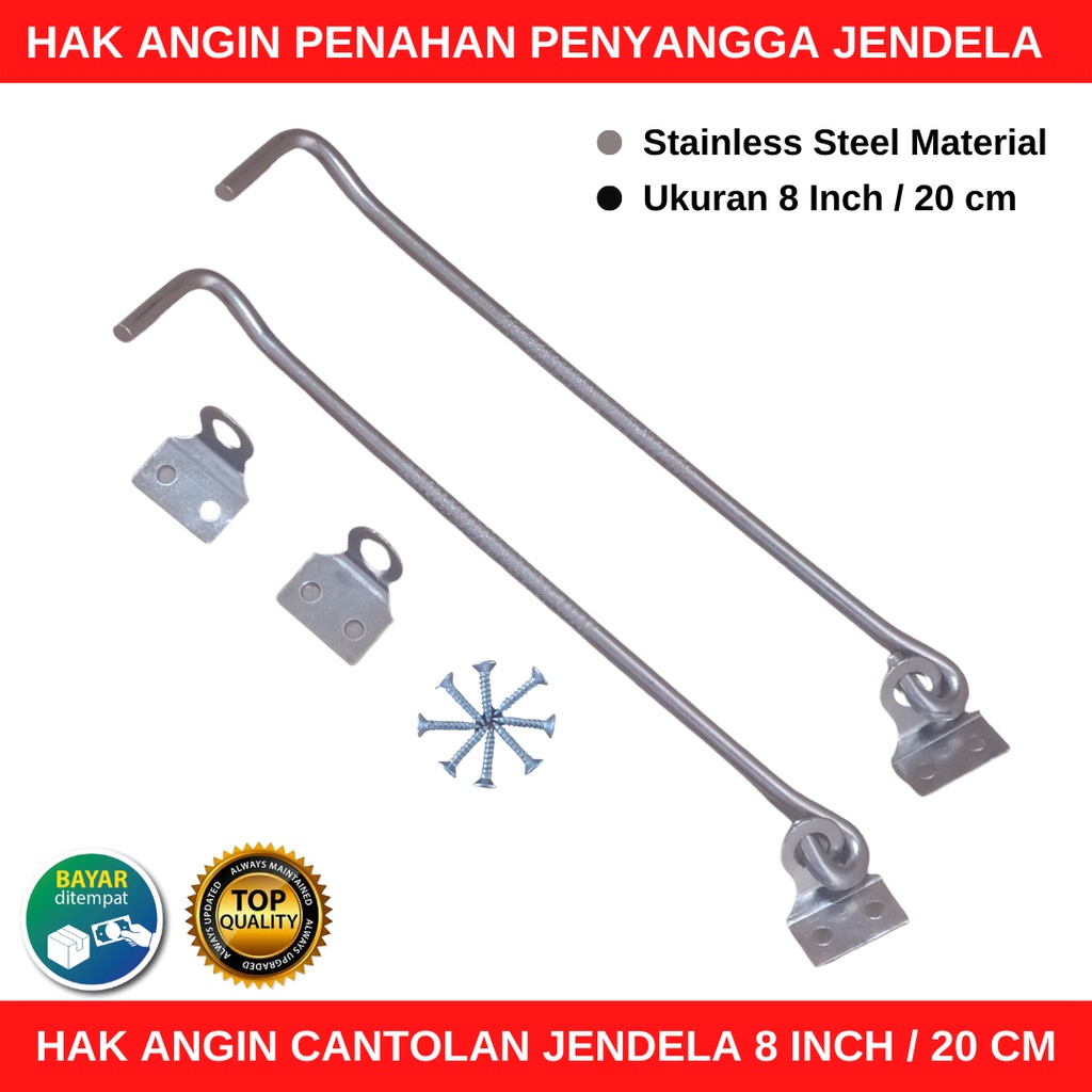 Hak Angin Jendela Stainless Penyangga Penahan Jendela Rumah 8&quot; Inch Hak Angin Proyek Cantolan Jendela Window Hook Kunci Cengkal Jendela Bundar Panjang 20cm Chrome YSK