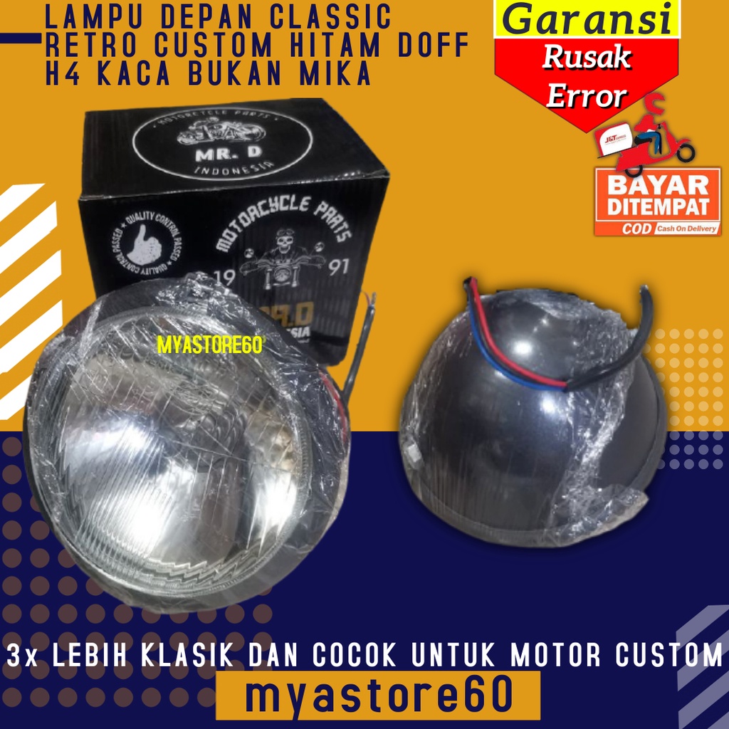 LAMPU DEPAN HEADLAMP HEAD LAMP CLASSIC KLASIK RETRO MOTOR CUSTOM HITAM DOFF H4 KACA BUKAN MIKA