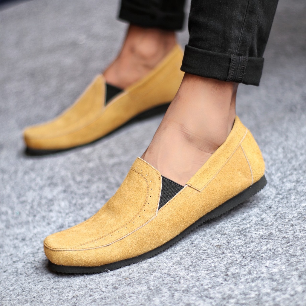 JESTR|Sepatu Slip On Casual Pria Trendy Kulit Asli Slop Cowok Hitam Kekinian Murah