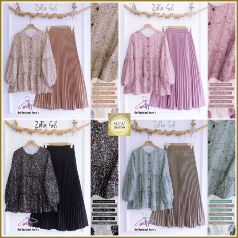Setelan Blouse Ceruty Babydoll Import Full Furing Zetta Set By Anty's Oneset Atasan dan Rok Plisket 