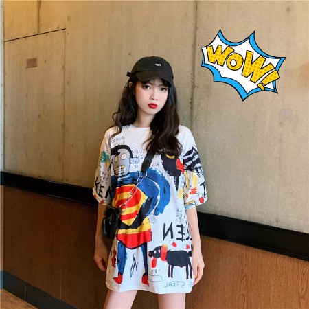 VS - Kaos import T-Shirt Wanita dengan Model Potongan Longgar dan Gambar Motif Graffiti Korea