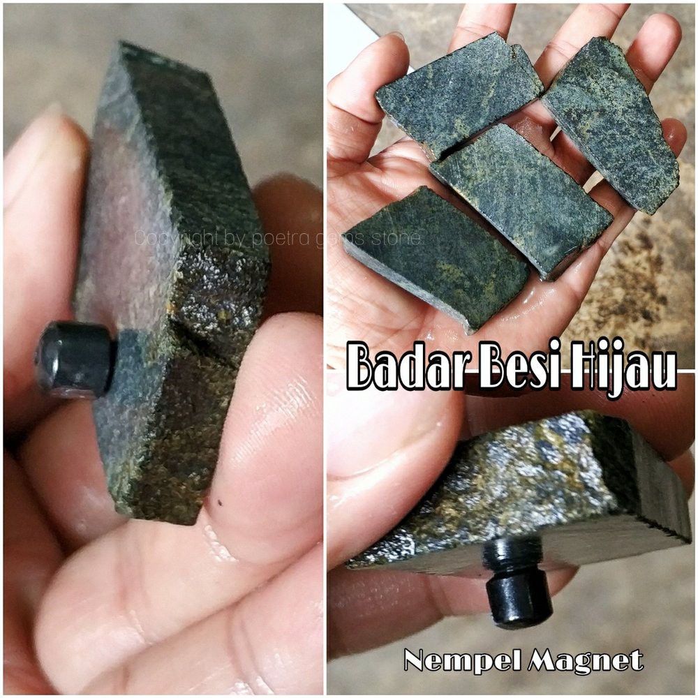 BAHAN ROUGH NATURAL BATU AKIK BADAR BESI HIJAU NEMPEL MAGNET