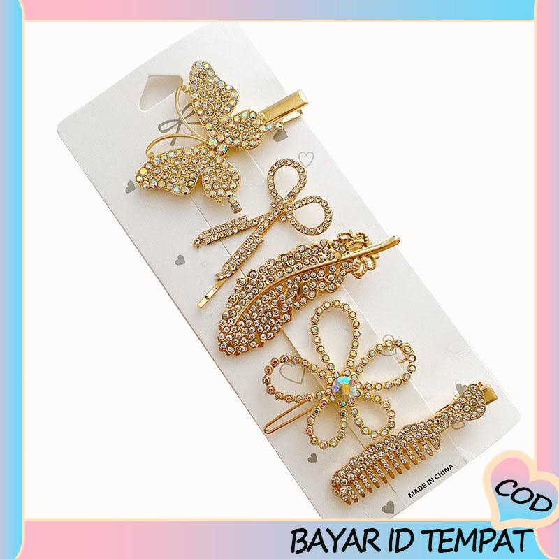 COD❤️ Fishbone Hairpin 6-Piece Set Aksesoris Rambut Vintage Set Dengan Diamond Pearl Edge Clip Bebek Paruh Clip-A.one