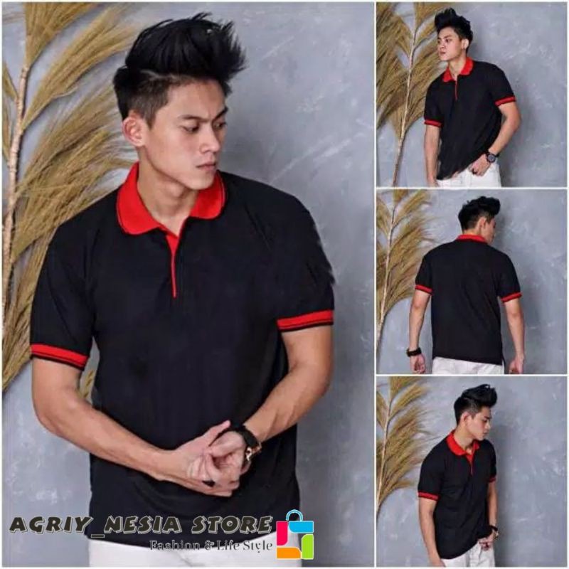 Kaos Polo / Kaos Kerah / Hitam Kerah Merah