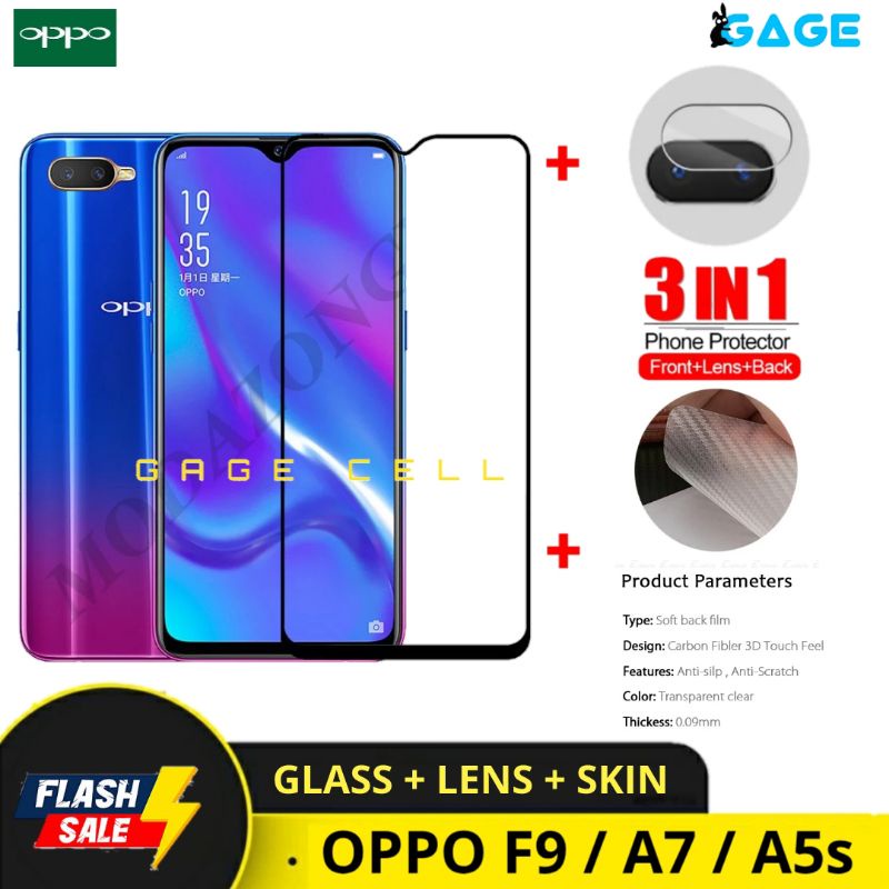 PAKET 3IN1 TEMPERES GLASS LAYAR KAMERA SKIN CARBON OPPO F9 A7 A5S TG ANTI GORES FULL SCREEN