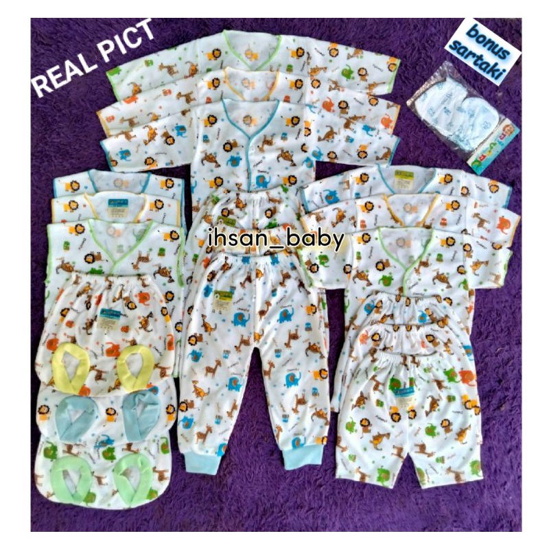 PAKET HEMAT BAJU/CELANA BAYI NEWBORN PUTIH MOTIF 18 PCS(9SETEL)