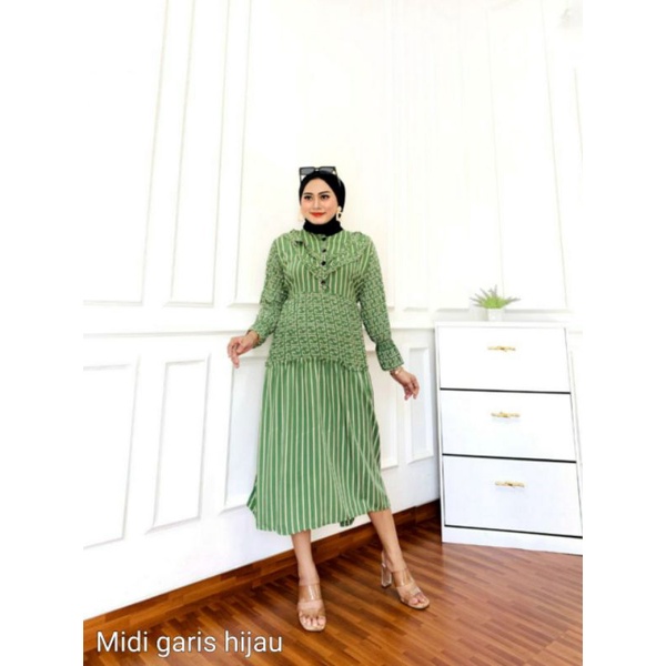 gamis wanita Midi dress rayon viscos motif salur pakaian wanita kekinian busui kancing warna biru kuning hijau ungu