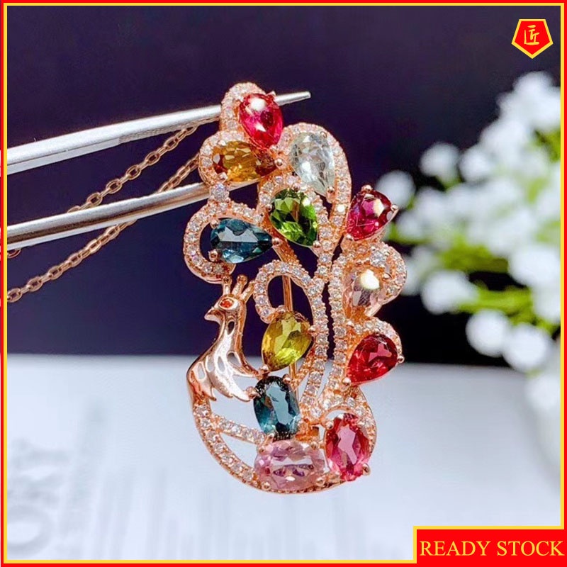 [Ready Stock]Gem Peacock Pendant Creative Micro Inlaid Zircon Dual-Wear Brooch Necklace