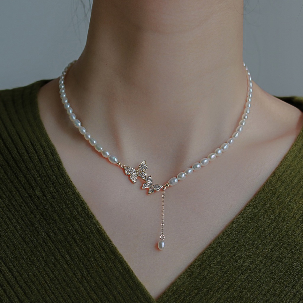 AY(CN) Kalung Choker Rantai Klavikula Desain Kupu-Kupu Aksen Kristal Mutiara Untuk Wanita