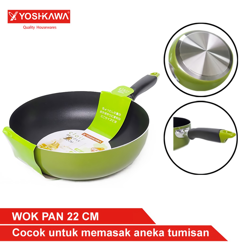 

YOSHIKAWA Teplon/Wajan Tumis 22 CM Wok Pan EVL-CL-12-02 Hijau