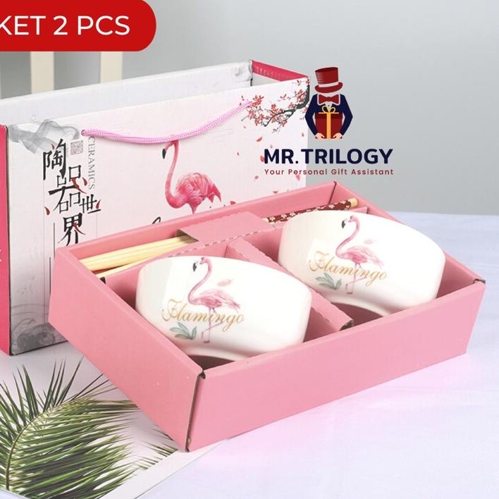 Terlaris Hampers Flamingo Mangkok Jepang Keramik Set Alat Makan Sumpit Aestetik Kekinian Sovenir Had