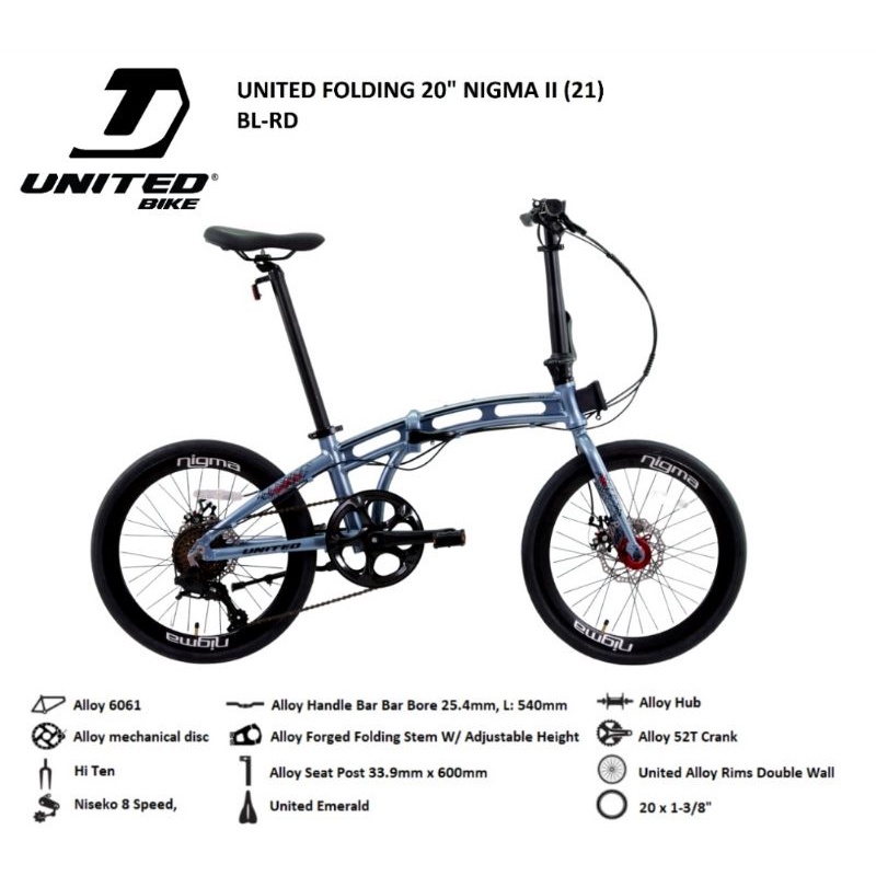 Sepeda Lipat United Nigma 2 alloy 8 speed ukuran 20