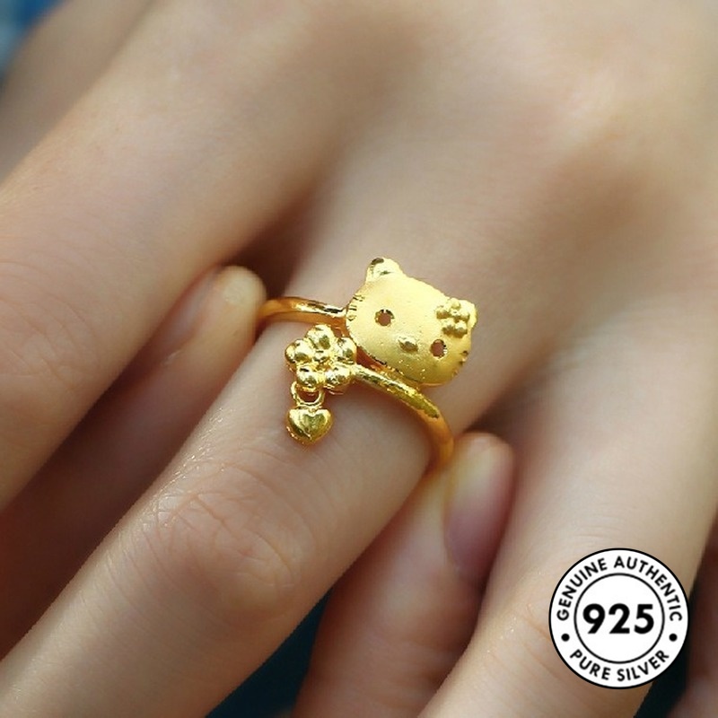 Cincin Model Terbuka Desain Kartun Hellokitty Lapis Emas Bahan S925 Silver