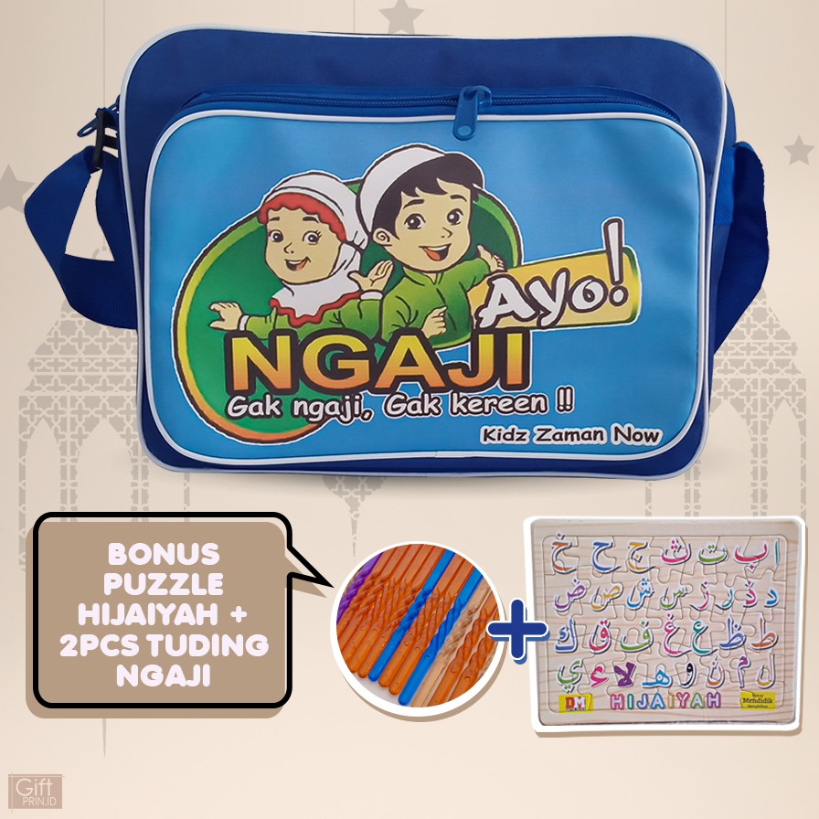 TAS SELEMPANG NGAJI ANAK PEREMPUAN DAN LAKI LAKI MUAT BUKU IQRO BONUS PUZZLE HIJAIYAH DAN TUDING NGA