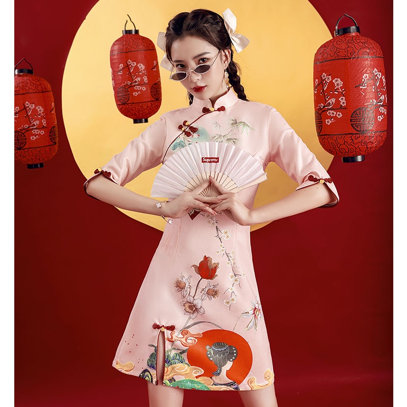 Guochao cheongsam 2022 new spring long sleeve young girl improved small suede pink spring and Autumn