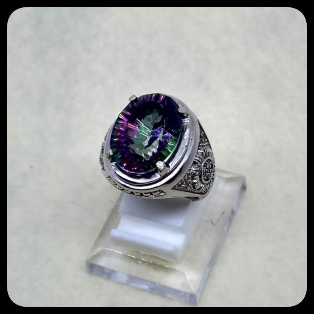 CINCIN BATU AKIK PERMATA NATURAL MYSTIC RAINBOW QUARTZ RING ALPAKA SUPER GLAMOUR