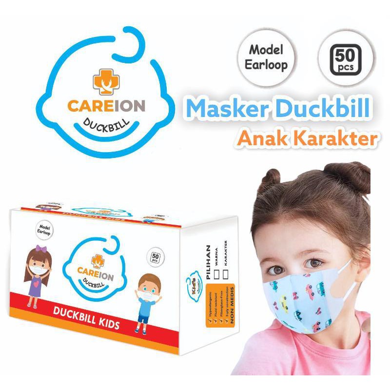 Masker Duckbill CAREION Anak Motif 3D Masker Anak Duckbill Usia 1-3thn &amp; 4-12thn (50pc) COWOK/CEWEK