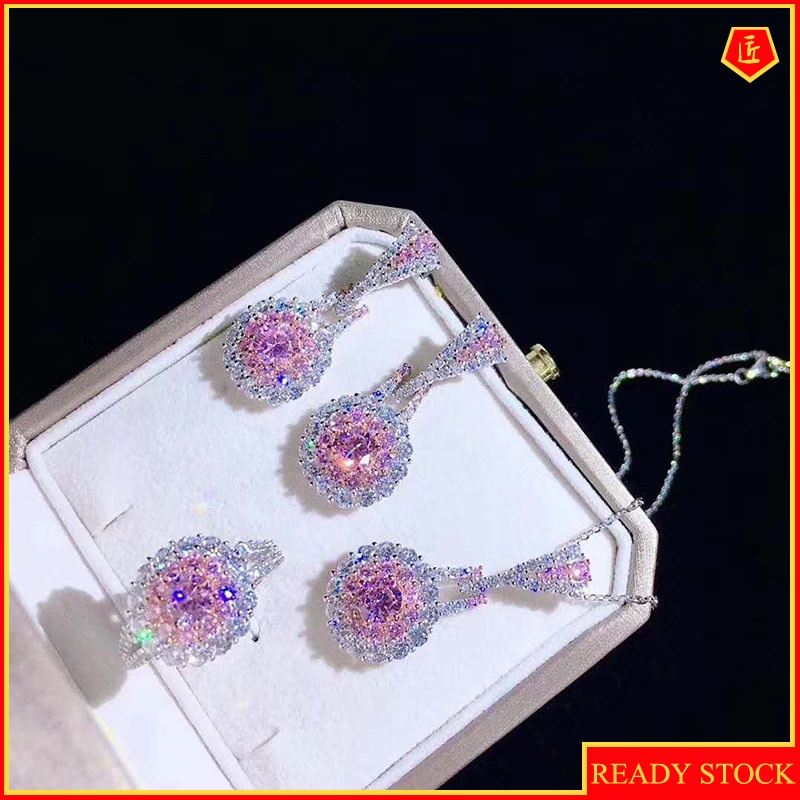 [Ready Stock]Pink Crystal Set Earrings Ring Necklace Retro Exquisite