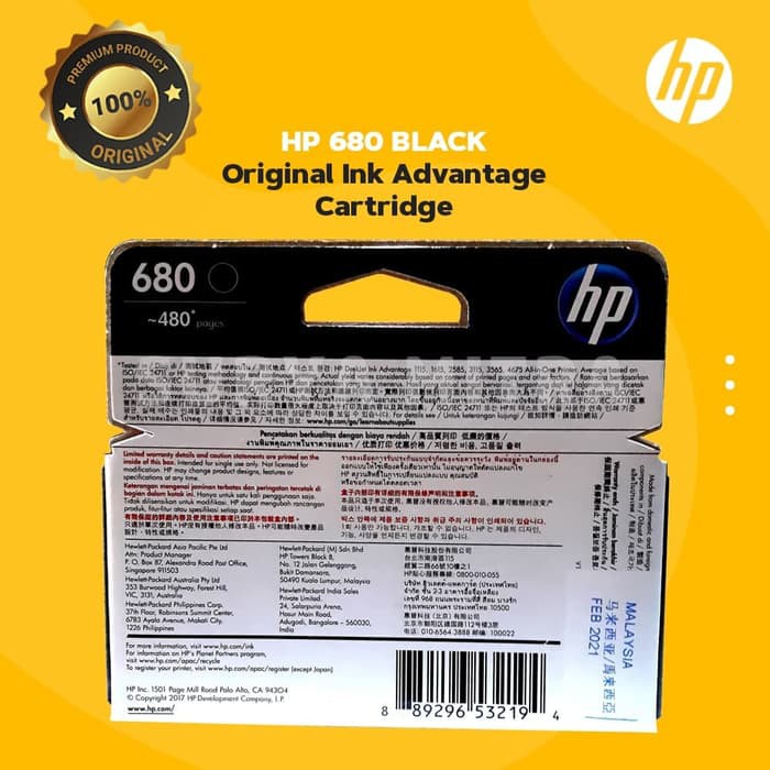 Tinta HP 680 Black Original Ink Cartridge - For 2135, 3635