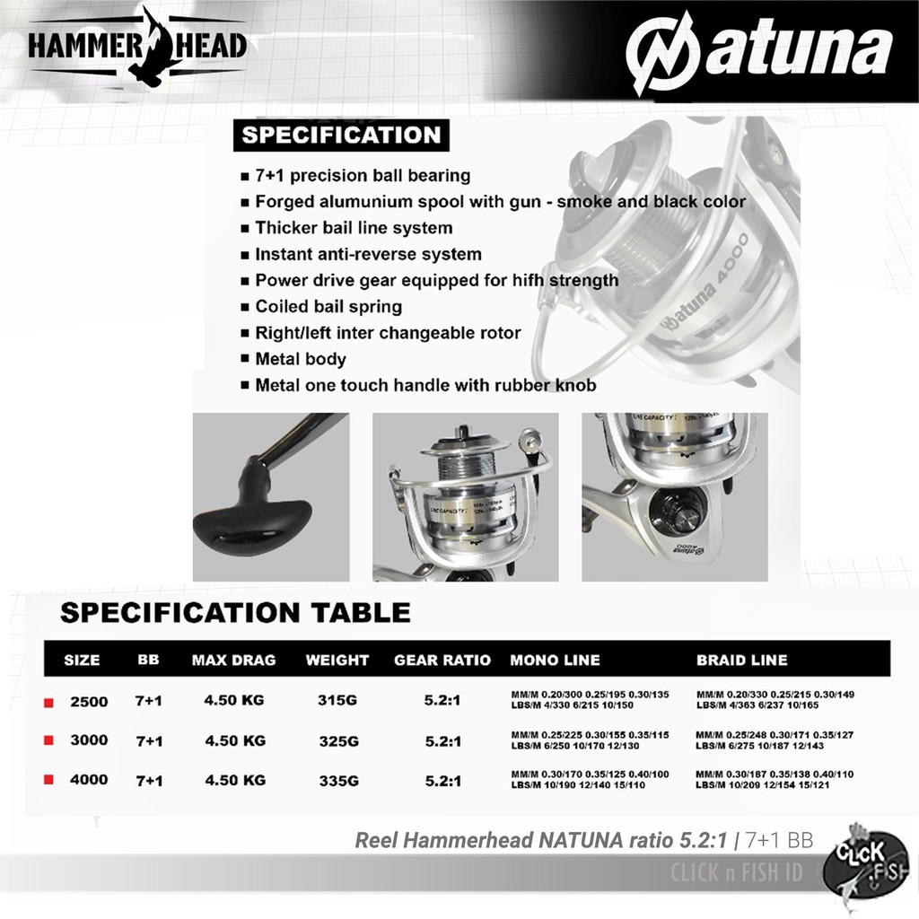 REEL HAMMERHEAD NATUNA - METAL BODY Ratio 5.2:1 | 7+1BB Power Handle 2500 / 3000 / 4000 PANCING SIZE