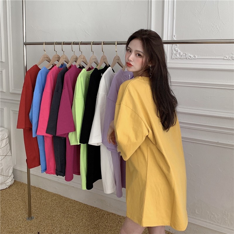 Panjang Warna Solid SederhanaTT-shirt Wanita Dasar Baru Longgar Pelangsing Pullover Top