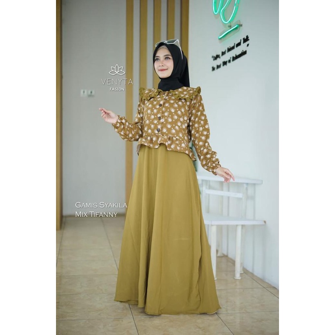 Gamis kimmy mazwa original venyta  kotak kotak bunga  motif dress syari busana muslim baju wanita maxidress lebaran terbaru shakila abstrak motif shabby busui jumbo