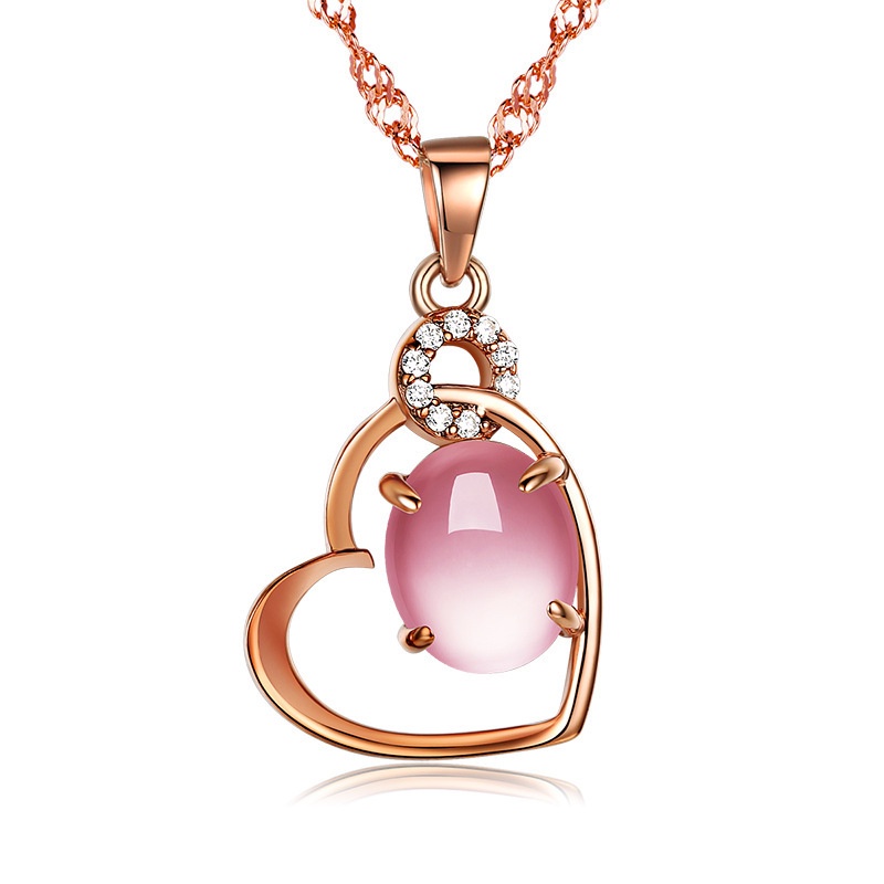 [Ready Stock]Fashion Silver Plated Love Heart Pink Crystal Pendant Necklace