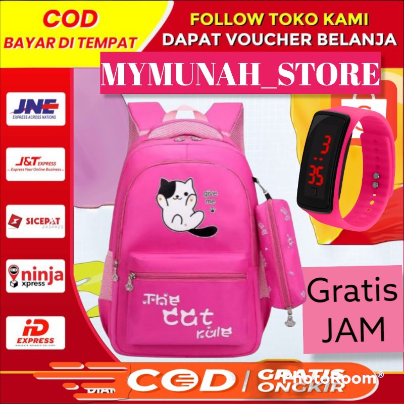 Tas Ransel Sekolah Anak Perempuan TK SD MOTIF IMPORT/Gratis Jam LED